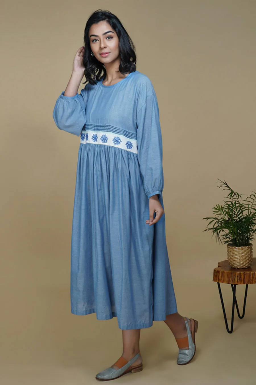 Blue Chambray Chikankari Relaxed Dress