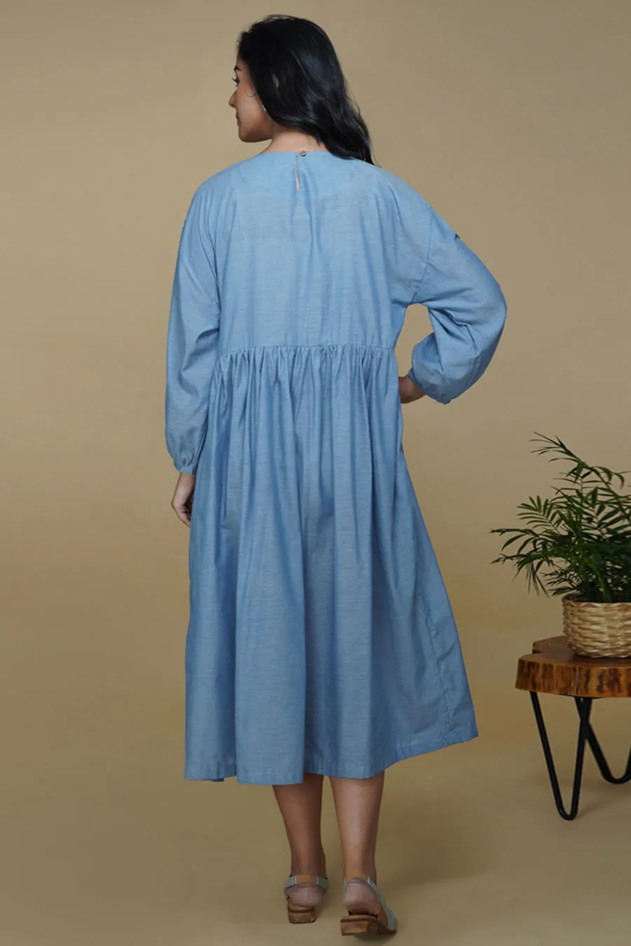 Blue Chambray Chikankari Relaxed Dress