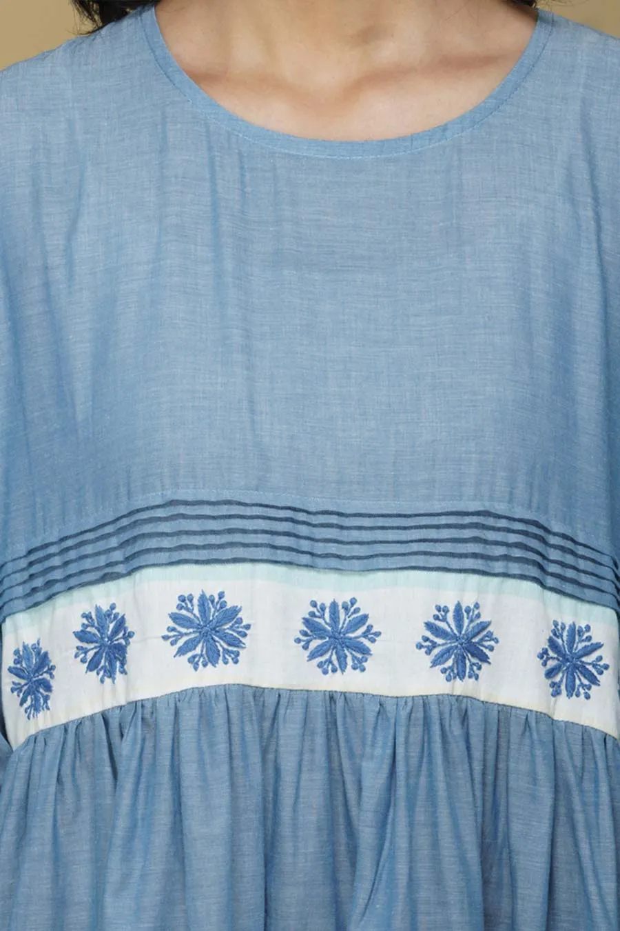 Blue Chambray Chikankari Relaxed Dress
