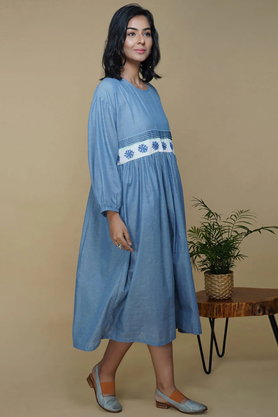 Blue Chambray Chikankari Relaxed Dress