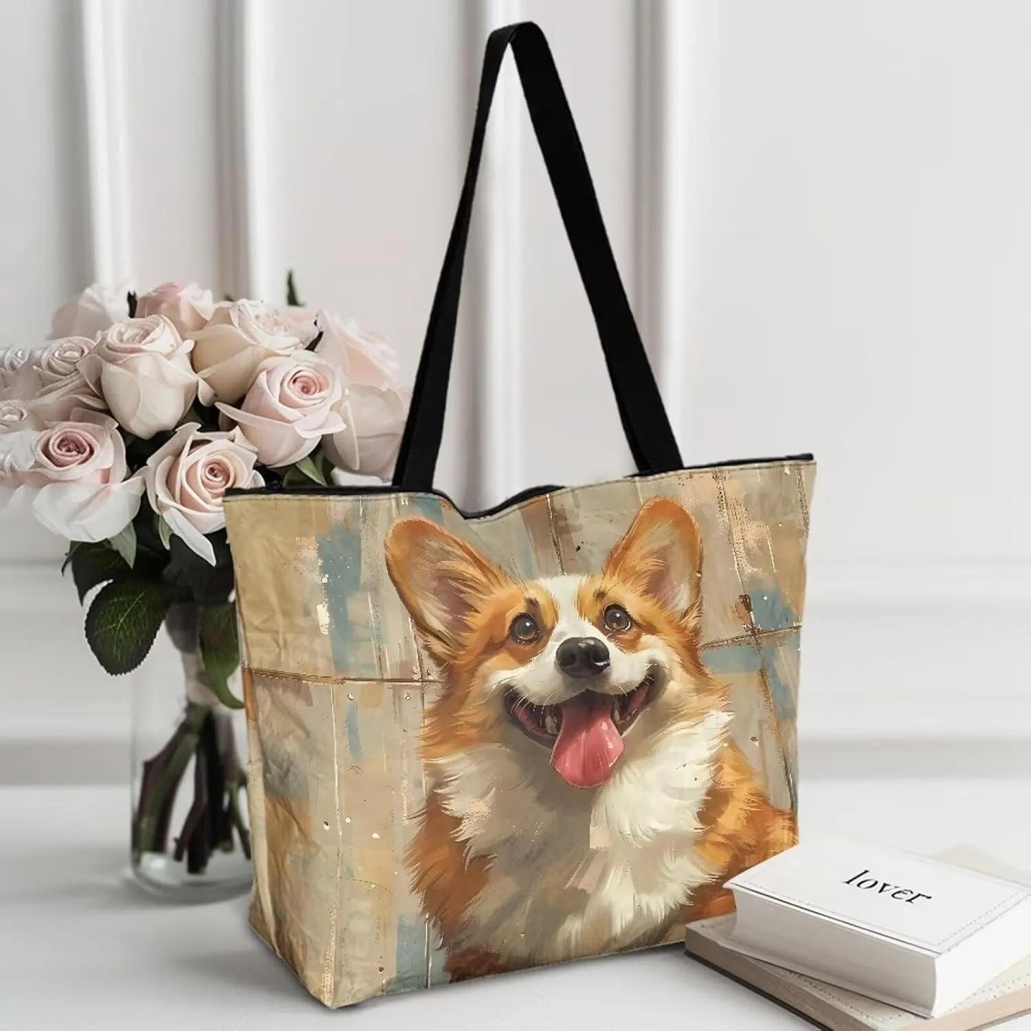 Border Collie Dog Women Handbag, Corgi Dog Shoulder Bag, Halloween Skull Spider Web Eco-Friendly Paper Tote Bags