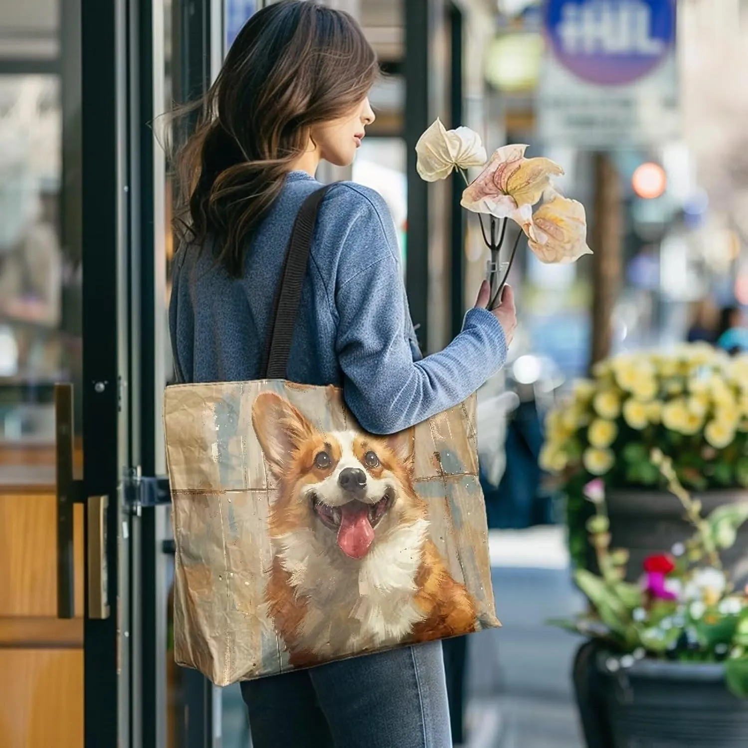 Border Collie Dog Women Handbag, Corgi Dog Shoulder Bag, Halloween Skull Spider Web Eco-Friendly Paper Tote Bags