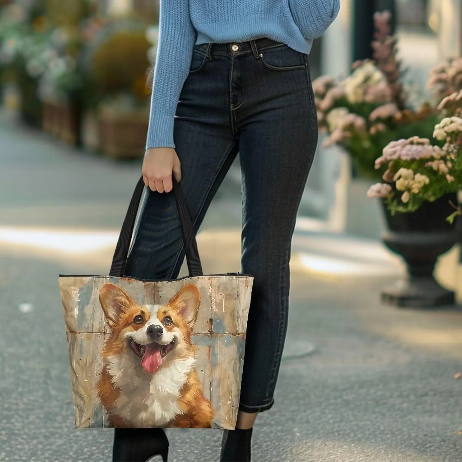 Border Collie Dog Women Handbag, Corgi Dog Shoulder Bag, Halloween Skull Spider Web Eco-Friendly Paper Tote Bags