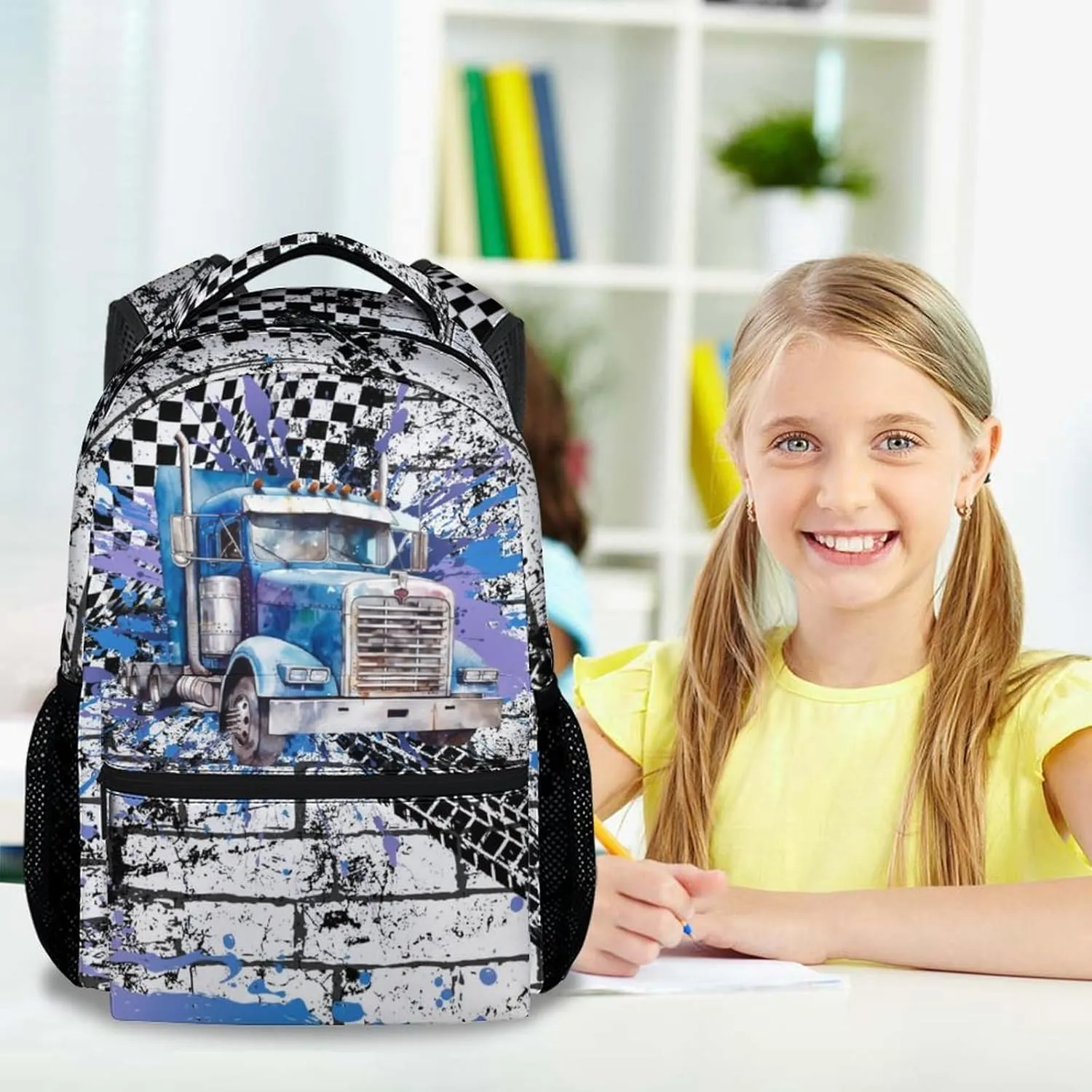 Boys Backpacks for School, 17 Inch Cute Truck Backpack for Primary School, Blue Durable Lightweight Kids Bookbag for Kindergarten