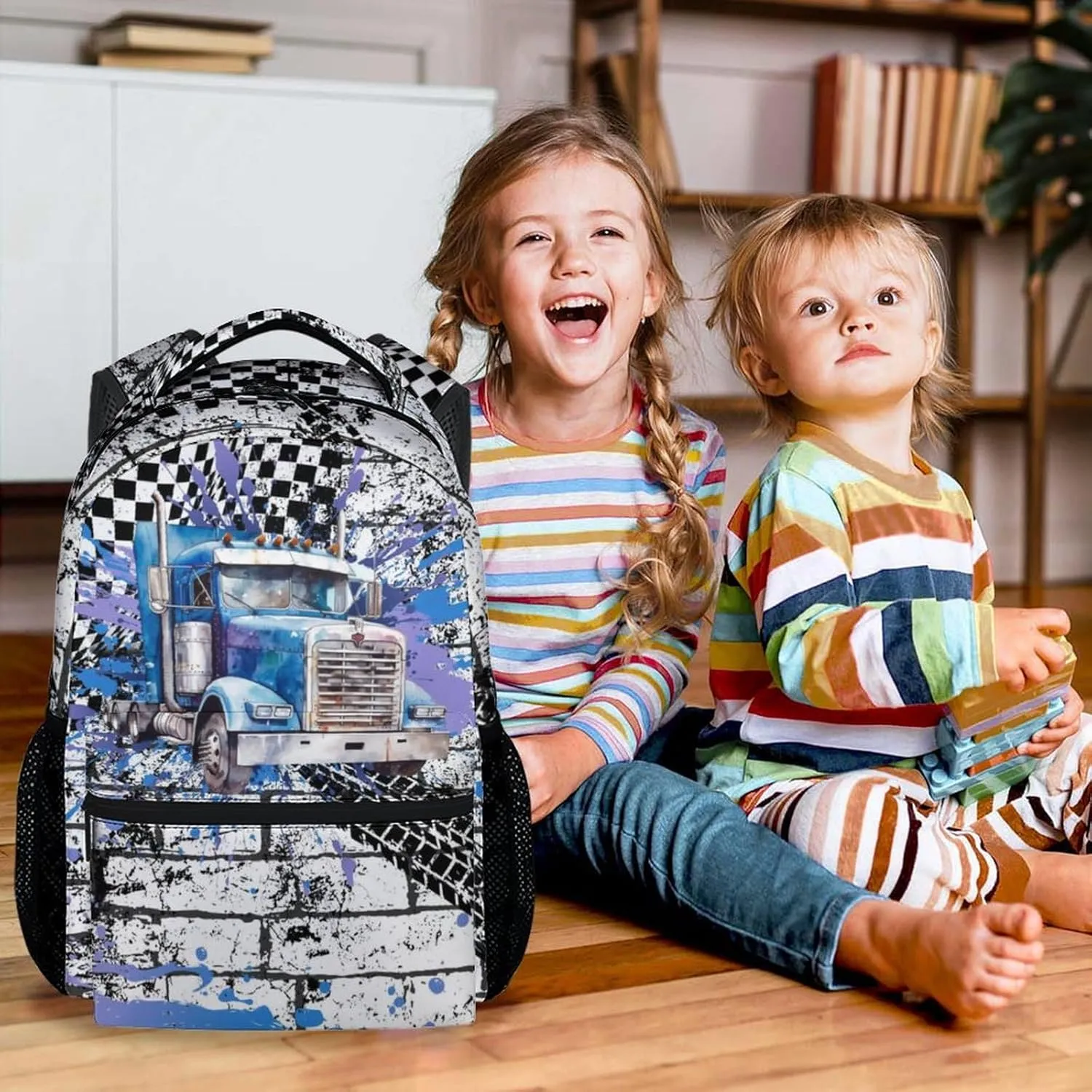 Boys Backpacks for School, 17 Inch Cute Truck Backpack for Primary School, Blue Durable Lightweight Kids Bookbag for Kindergarten