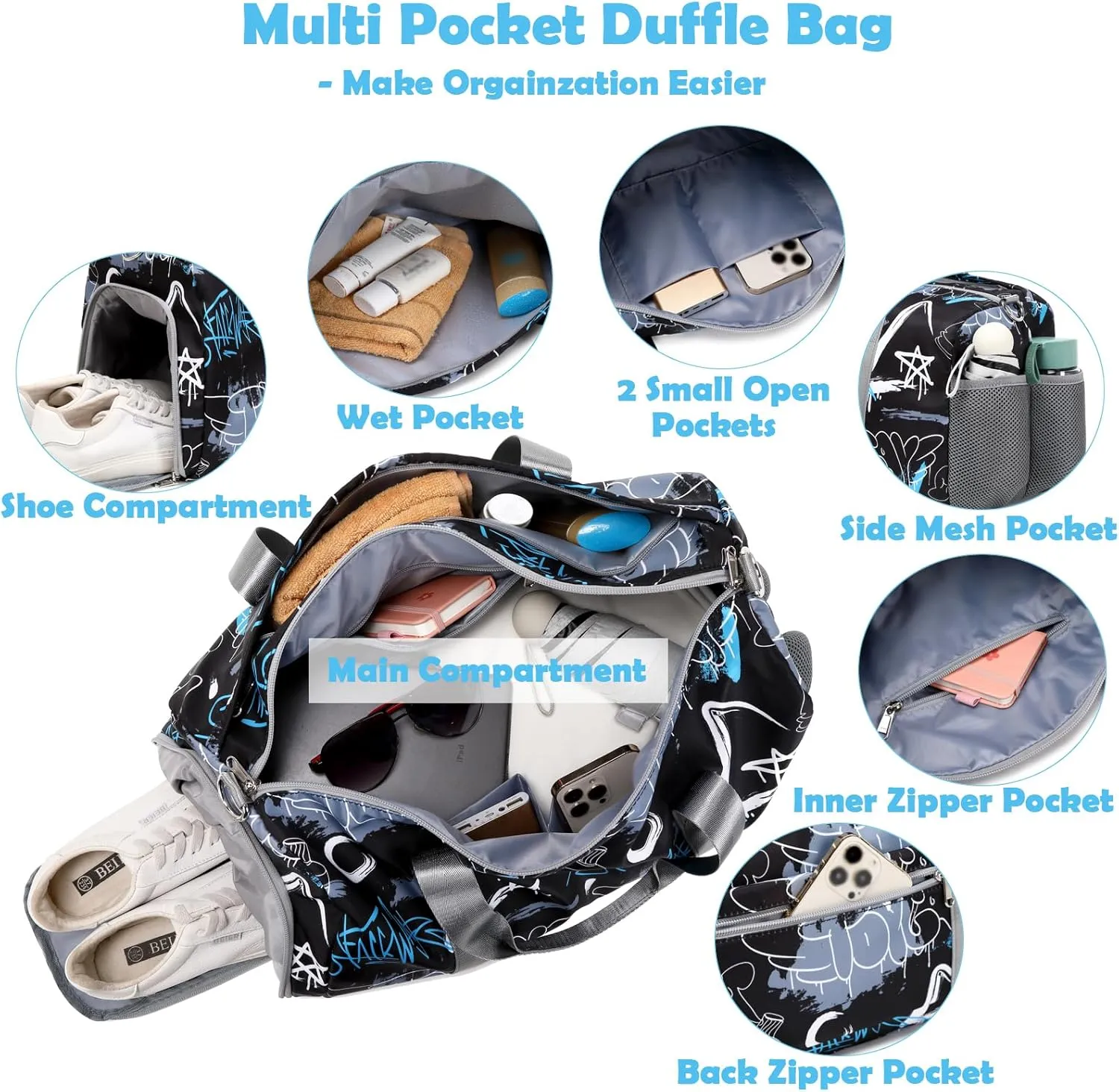 Boys Duffle Bag with Wet & Shoe Pouch for Teens, Black Large-capacity Sport Overnight Travel Gym Weekender Sleepover Carry On Bag for Teens Boys