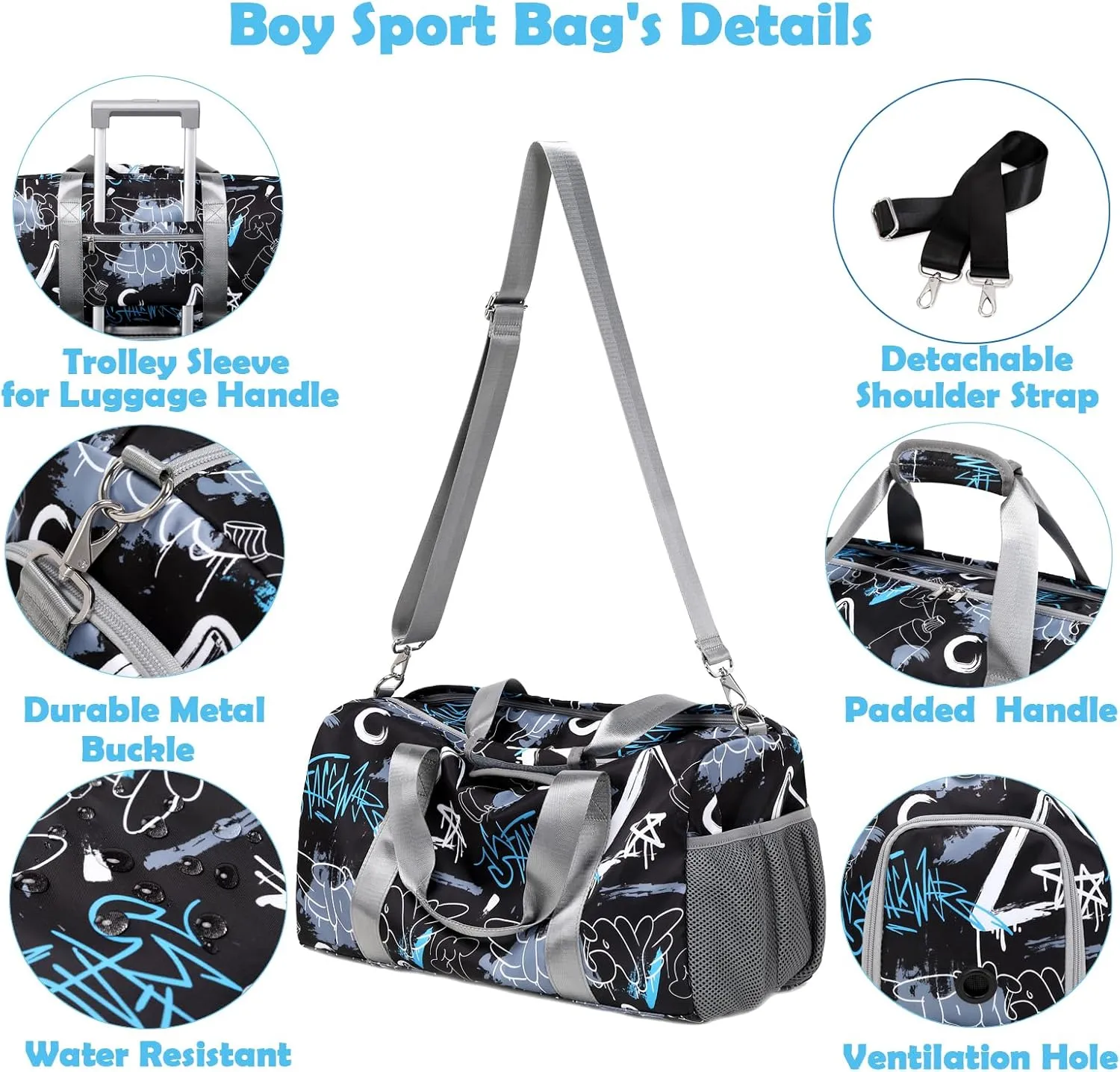 Boys Duffle Bag with Wet & Shoe Pouch for Teens, Black Large-capacity Sport Overnight Travel Gym Weekender Sleepover Carry On Bag for Teens Boys