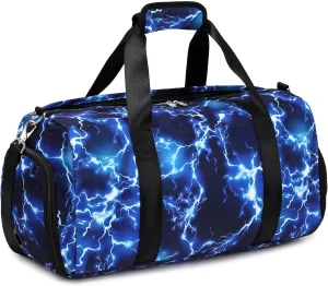 Boys Sport Bag, Deep Blue Lightning Large-capacity Duffle Bag with Wet & Shoe Compartment for Boys Gymnastics Overnight Travel Sleepover