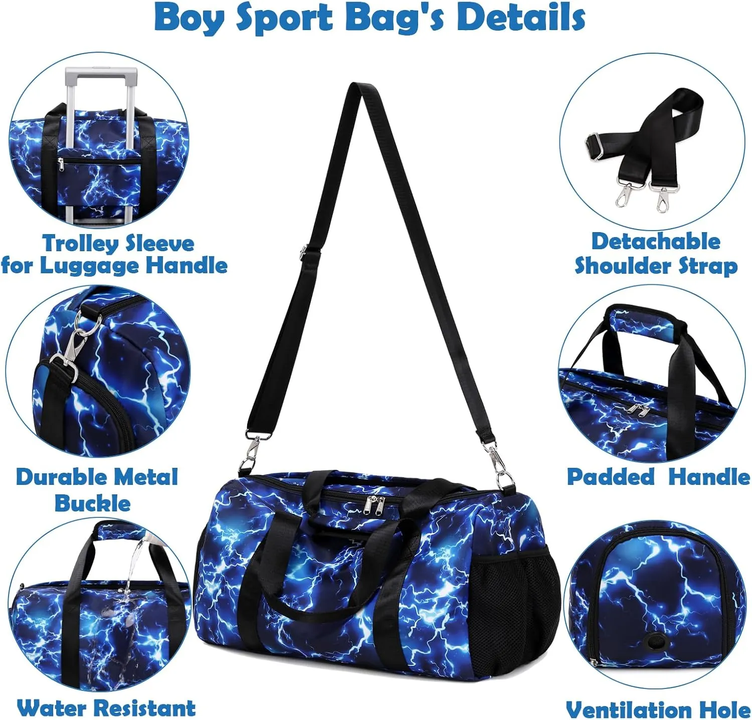 Boys Sport Bag, Deep Blue Lightning Large-capacity Duffle Bag with Wet & Shoe Compartment for Boys Gymnastics Overnight Travel Sleepover