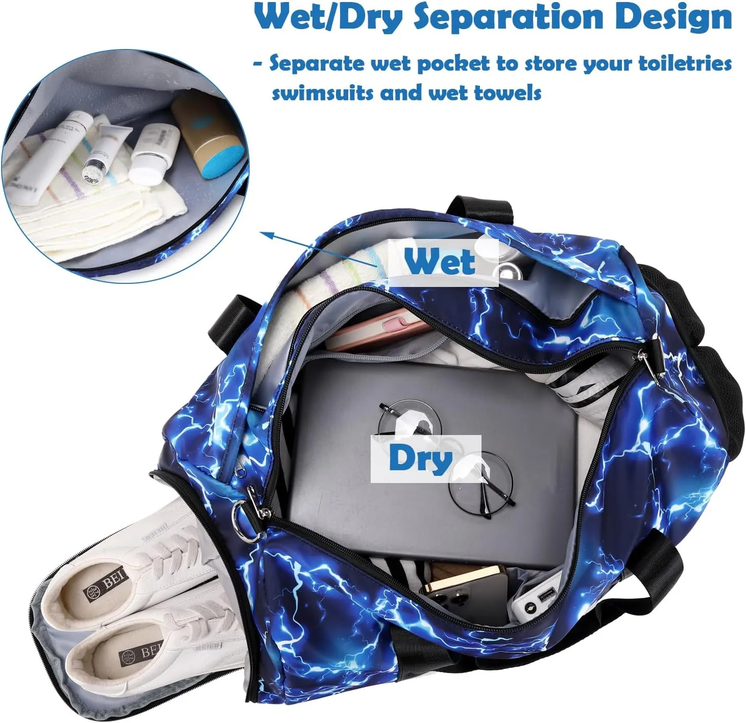Boys Sport Bag, Deep Blue Lightning Large-capacity Duffle Bag with Wet & Shoe Compartment for Boys Gymnastics Overnight Travel Sleepover