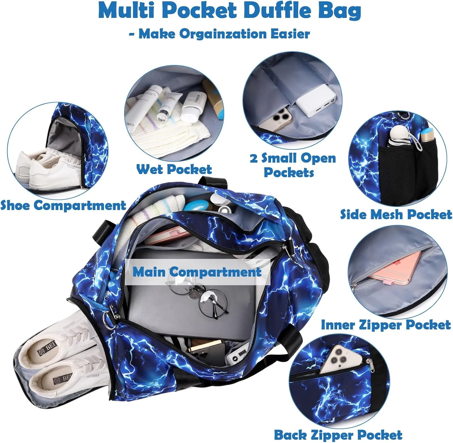 Boys Sport Bag, Deep Blue Lightning Large-capacity Duffle Bag with Wet & Shoe Compartment for Boys Gymnastics Overnight Travel Sleepover