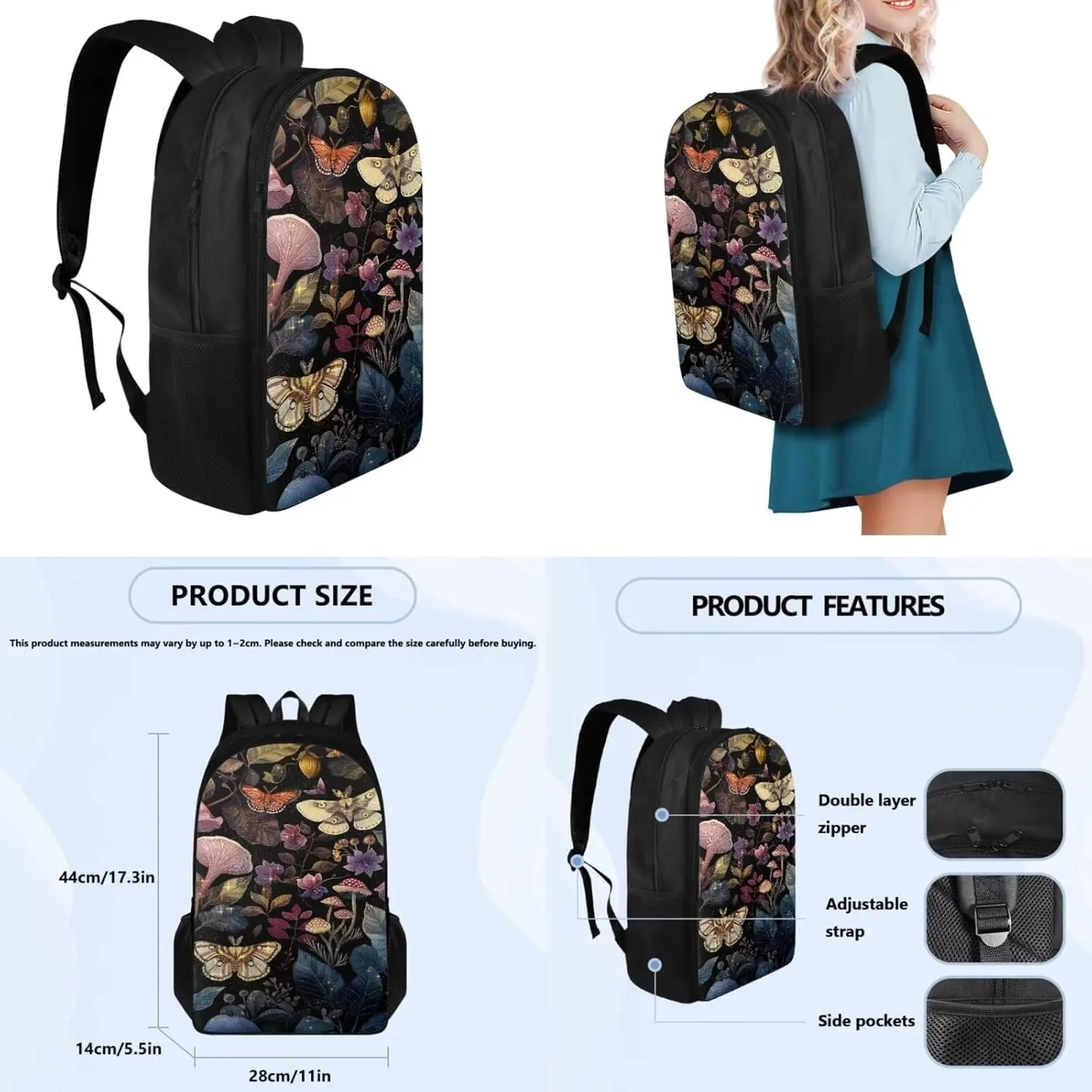 Butterfly Backpacks with Lunchboxes for Girls Mushroom School Backpack Middle School Backpacks for School Lunch Boxes for School Insulated Pencil Box Sport Water Bottle Cover
