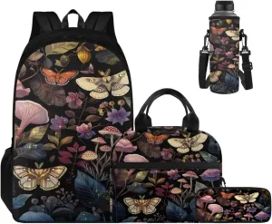Butterfly Backpacks with Lunchboxes for Girls Mushroom School Backpack Middle School Backpacks for School Lunch Boxes for School Insulated Pencil Box Sport Water Bottle Cover