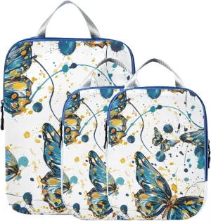 Butterfly Blue Butterflies Compression Packing Cubes for Travel Packing Organizers Backpack 3 Pack Luggage Travel Essentials Carry Must Haves Waterproof Suitcase Storage Bags