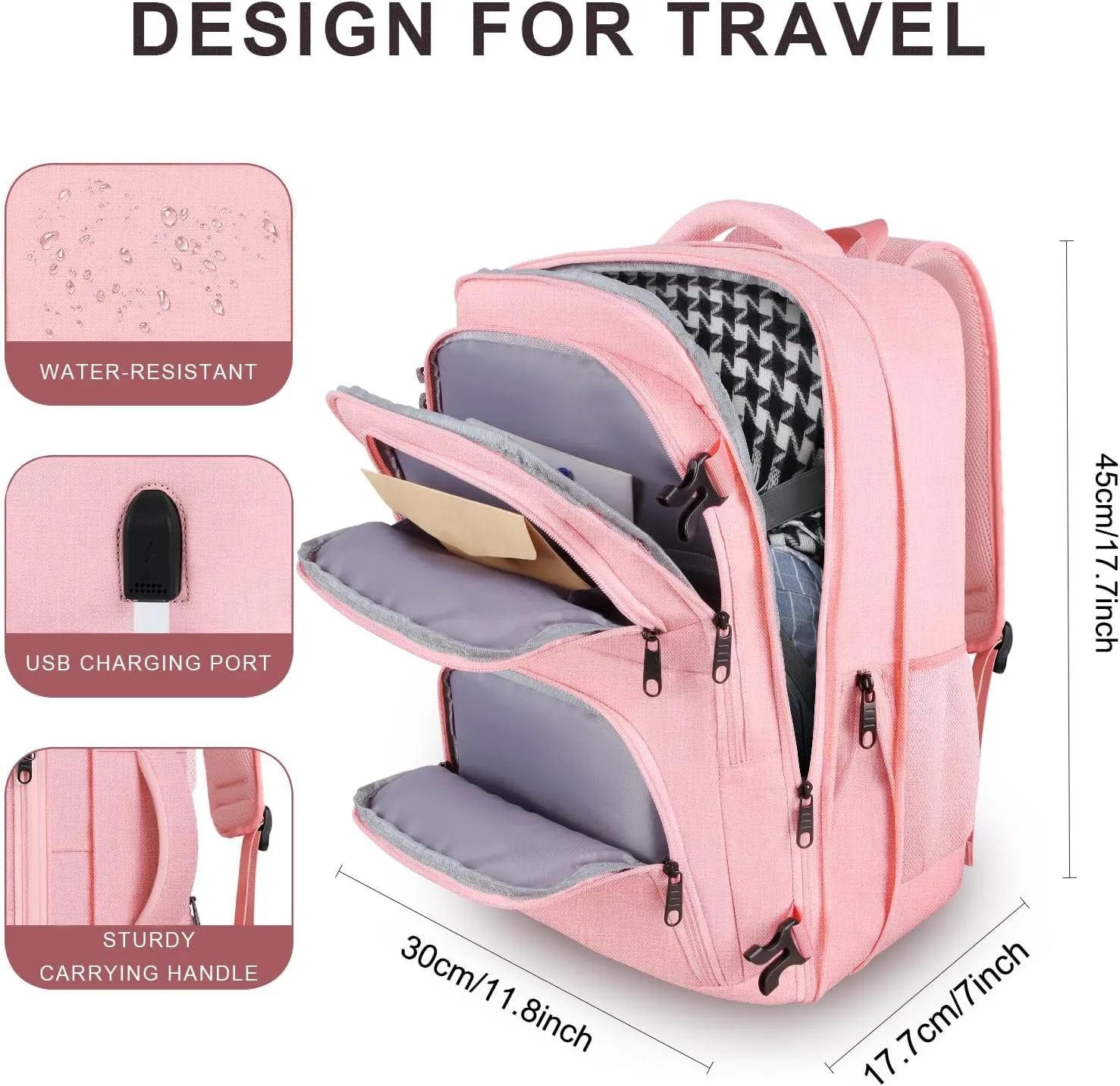 Carry On Backpack for Women, Pink Backpack, Large Expandable Travel Bag, 15.6 Inch Travel Laptop Backpack with USB, Personal Item Size Teacher Traveling Backpack, Pink