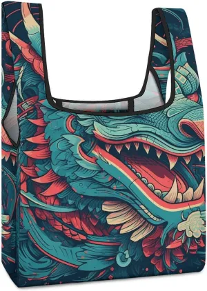 Cartoon Dragon Head Tote Bag Reusable Shopping Handbag Washable Foldable Grocery Tote for Picnic Shopping