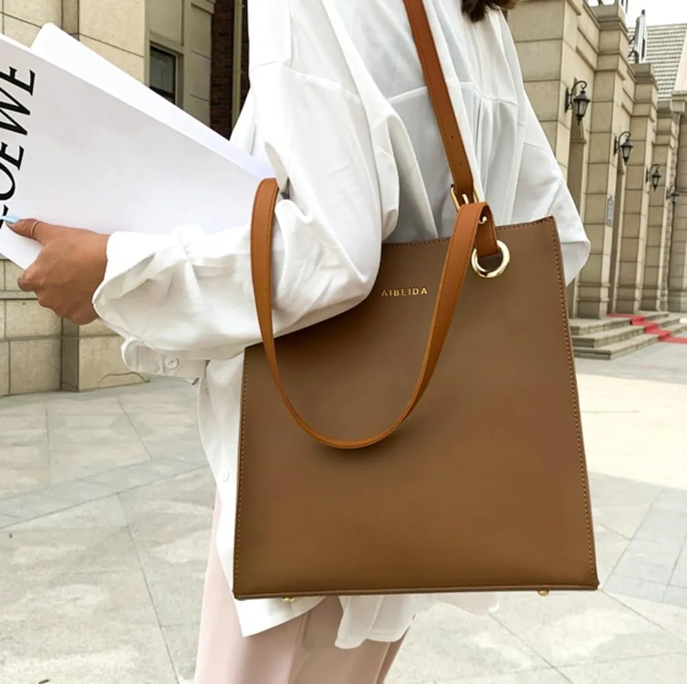 Casual Vegan Leather Shoulder Bags for Women Soft Tote Purses Ladies Large Top Handle Handbag Working Satchels