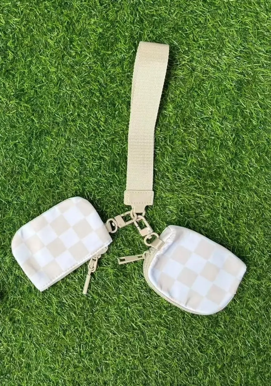 Checkered Print Dual Pouch Wristlet with Detachable Pouches, Black and White, 8 Inch Strap (Beige and White Check)