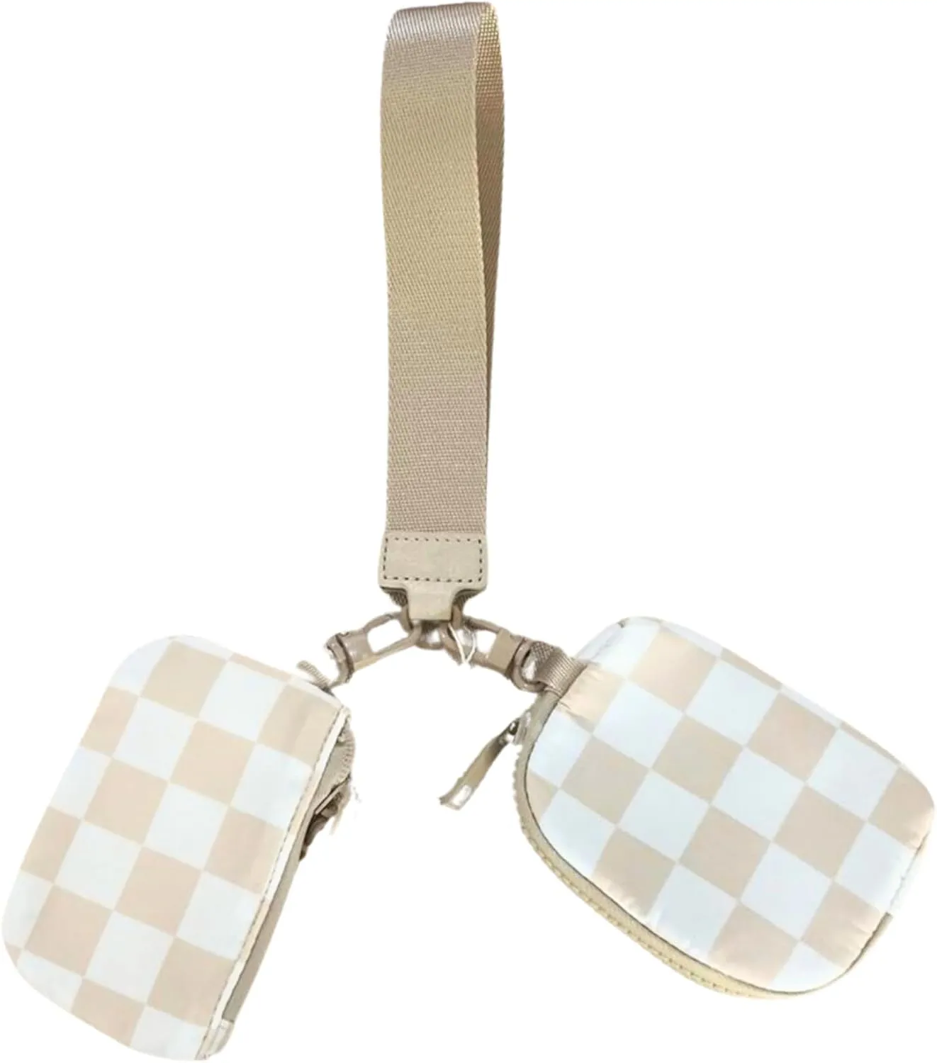 Checkered Print Dual Pouch Wristlet with Detachable Pouches, Black and White, 8 Inch Strap (Beige and White Check)