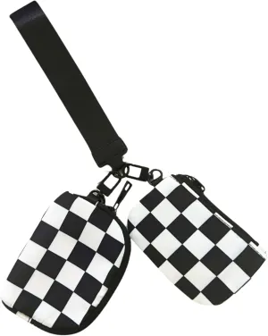 Checkered Print Dual Pouch Wristlet with Detachable Pouches, Black and White, 8 Inch Strap (Black and White Check)