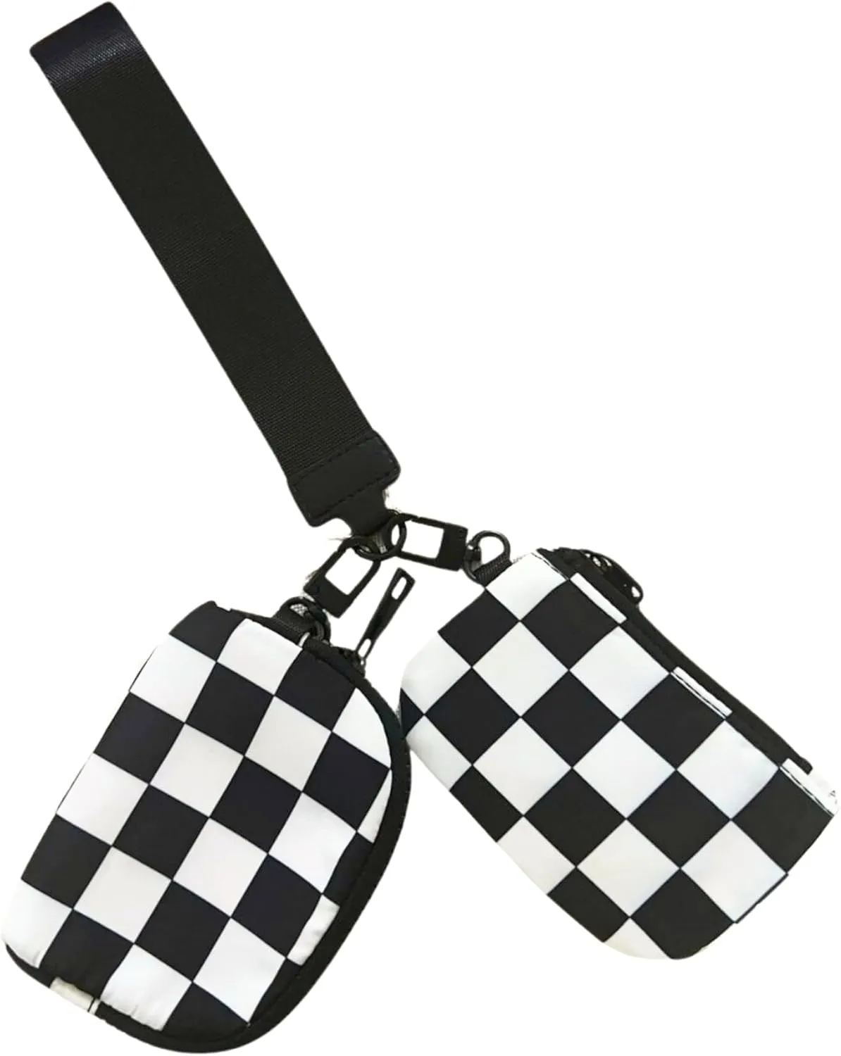 Checkered Print Dual Pouch Wristlet with Detachable Pouches, Black and White, 8 Inch Strap (Black and White Check)
