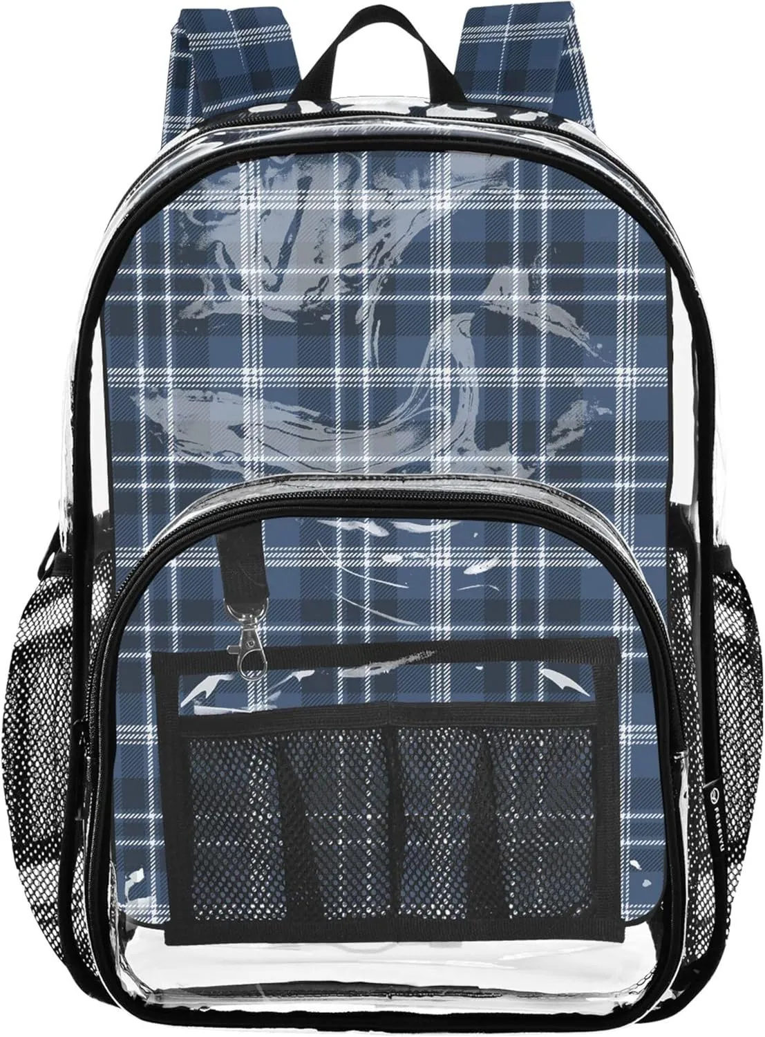 CHIFIGNO Classic Plaid Navy Blue Bag for Kids, Clear Plastic Bag, School Bags for Girls, Clear Bookbag