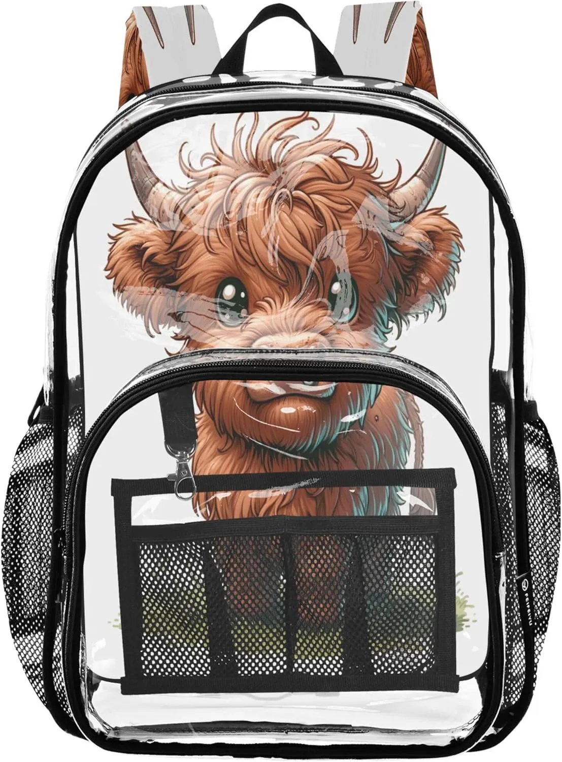 CHIFIGNO Cute Highland Cow Grass Kids Backpacks, Clear Plastic Bag, Book Bag, Clear Bag