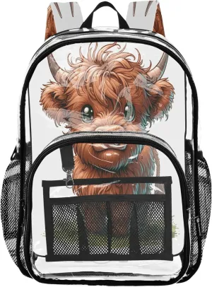CHIFIGNO Cute Highland Cow Grass Kids Backpacks, Clear Plastic Bag, Book Bag, Clear Bag