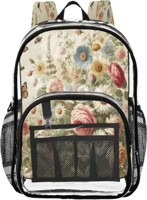 CHIFIGNO Floral Garden Beige Backpack for School Girls, Clear Plastic Bag, Transparent Backpack, Cute Backpacks for Teen Girls