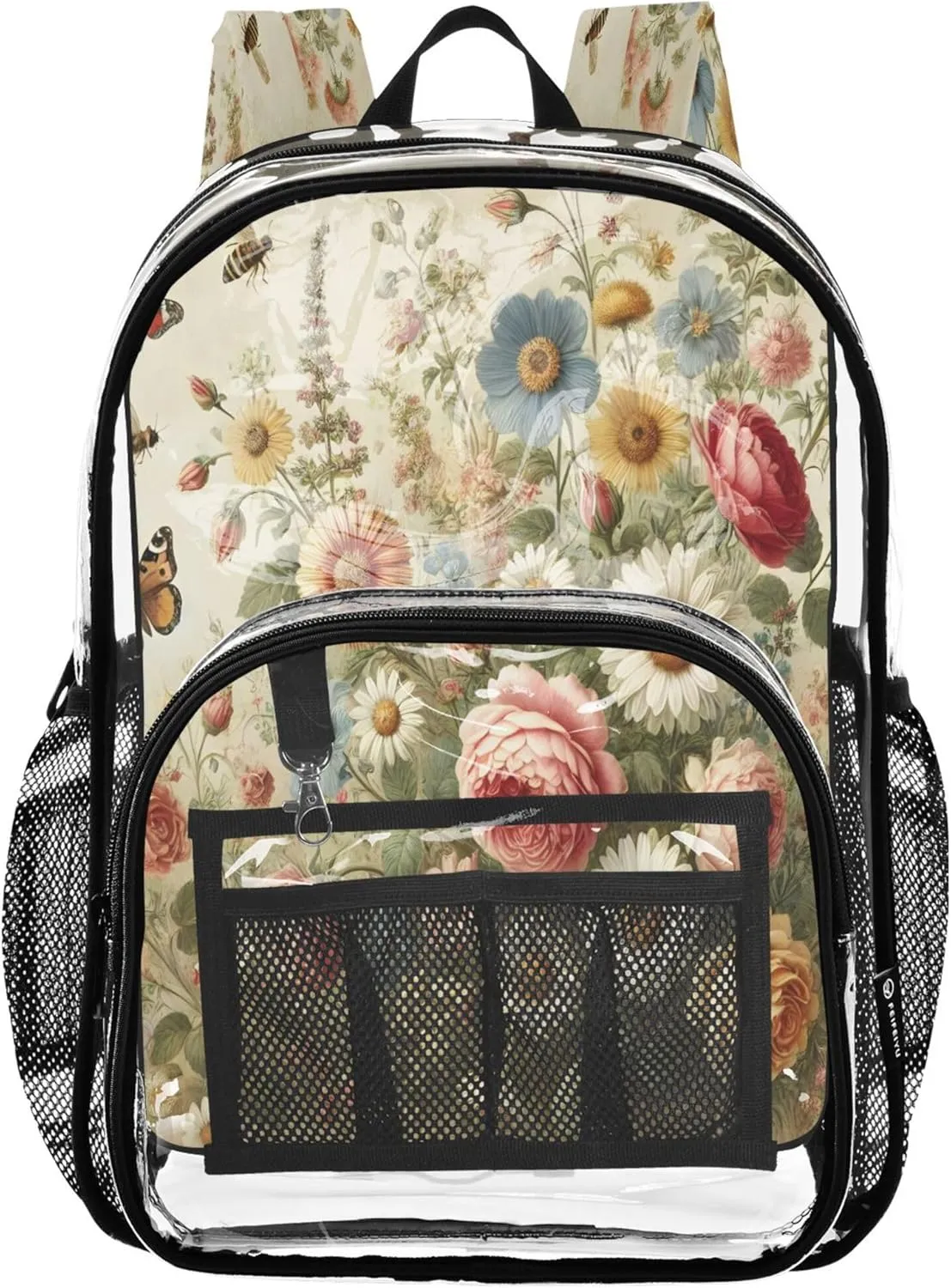 CHIFIGNO Floral Garden Beige Backpack for School Girls, Clear Plastic Bag, Transparent Backpack, Cute Backpacks for Teen Girls