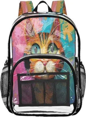 CHIFIGNO Orange Cat Colorful Bag for Kids, Clear Plastic Bag, Transparent Bag, Clear School Backpack
