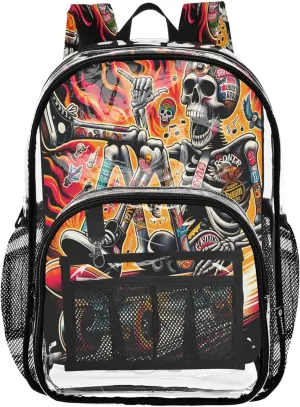 CHIFIGNO Skeleton Skateboarding School Bags, Clear Plastic Bags, Clear Backpack for Boys, Kids Backpacks for Girls