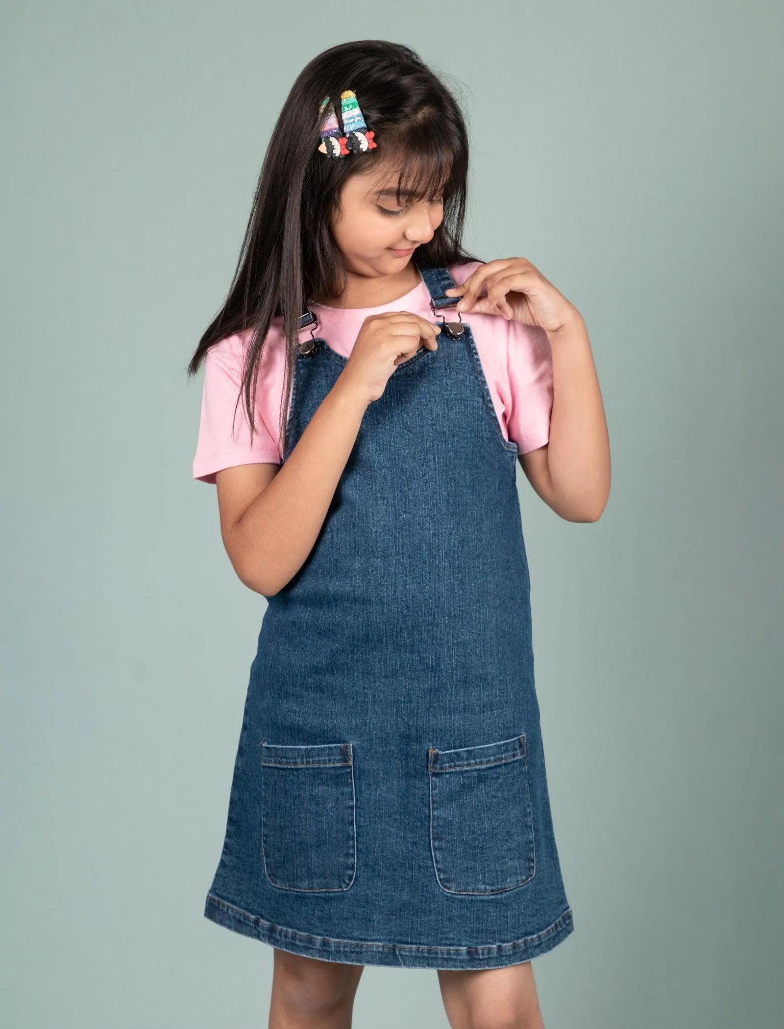 Classic Denim Pinafore Dress with T-shirt (Blue)