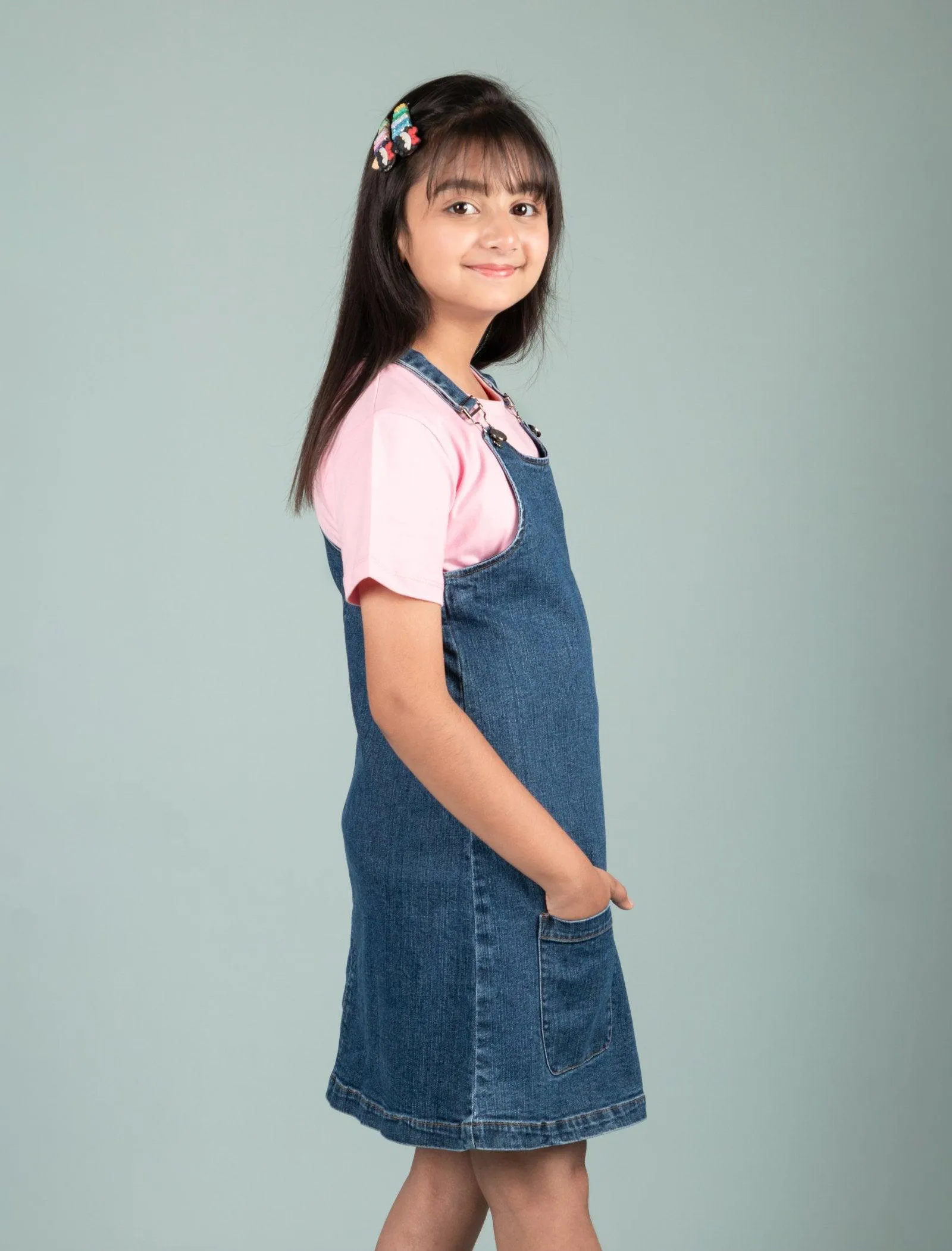 Classic Denim Pinafore Dress with T-shirt (Blue)