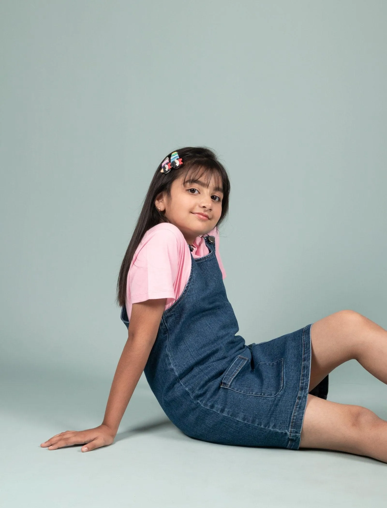 Classic Denim Pinafore Dress with T-shirt (Blue)