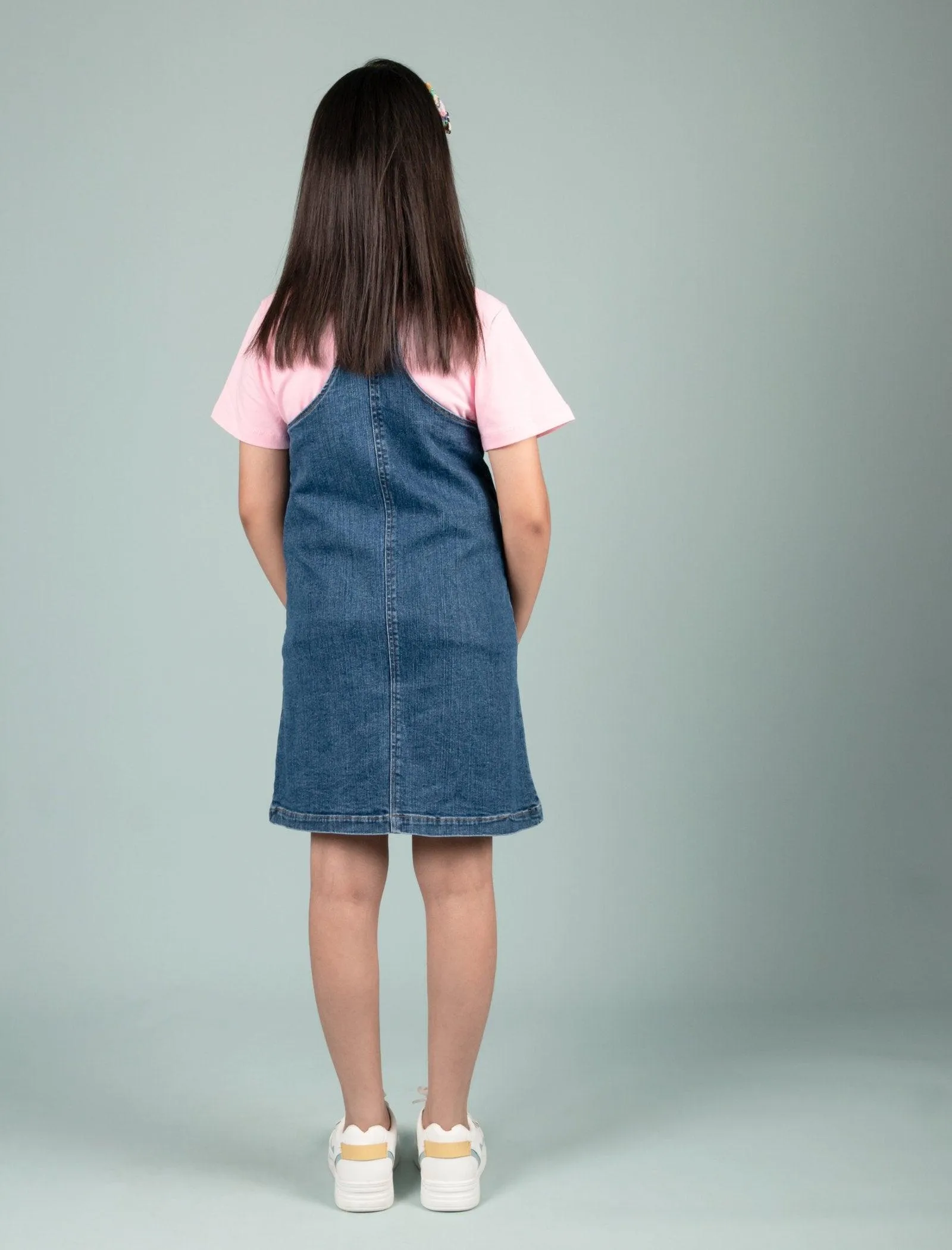 Classic Denim Pinafore Dress with T-shirt (Blue)