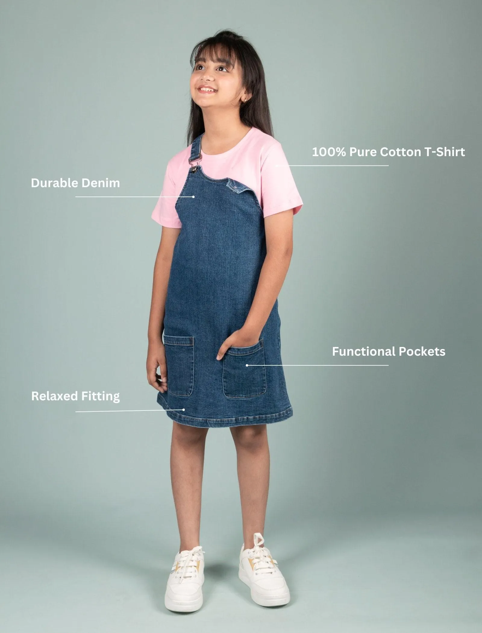 Classic Denim Pinafore Dress with T-shirt (Blue)