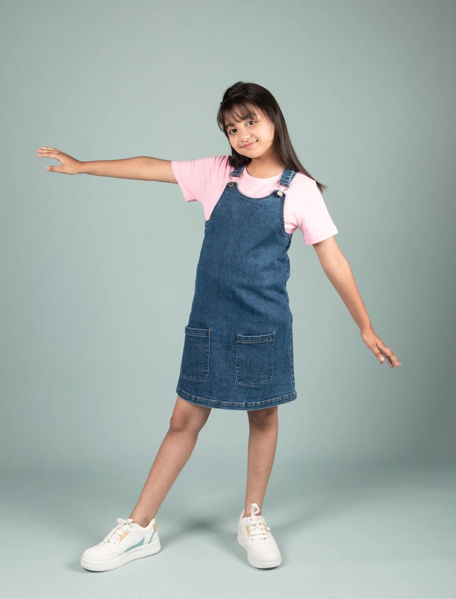 Classic Denim Pinafore Dress with T-shirt (Blue)