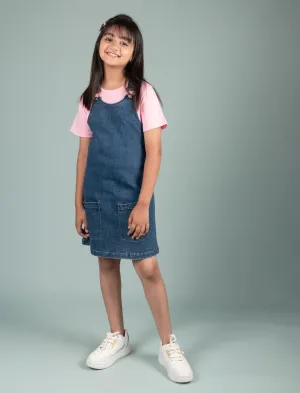 Classic Denim Pinafore Dress with T-shirt (Blue)