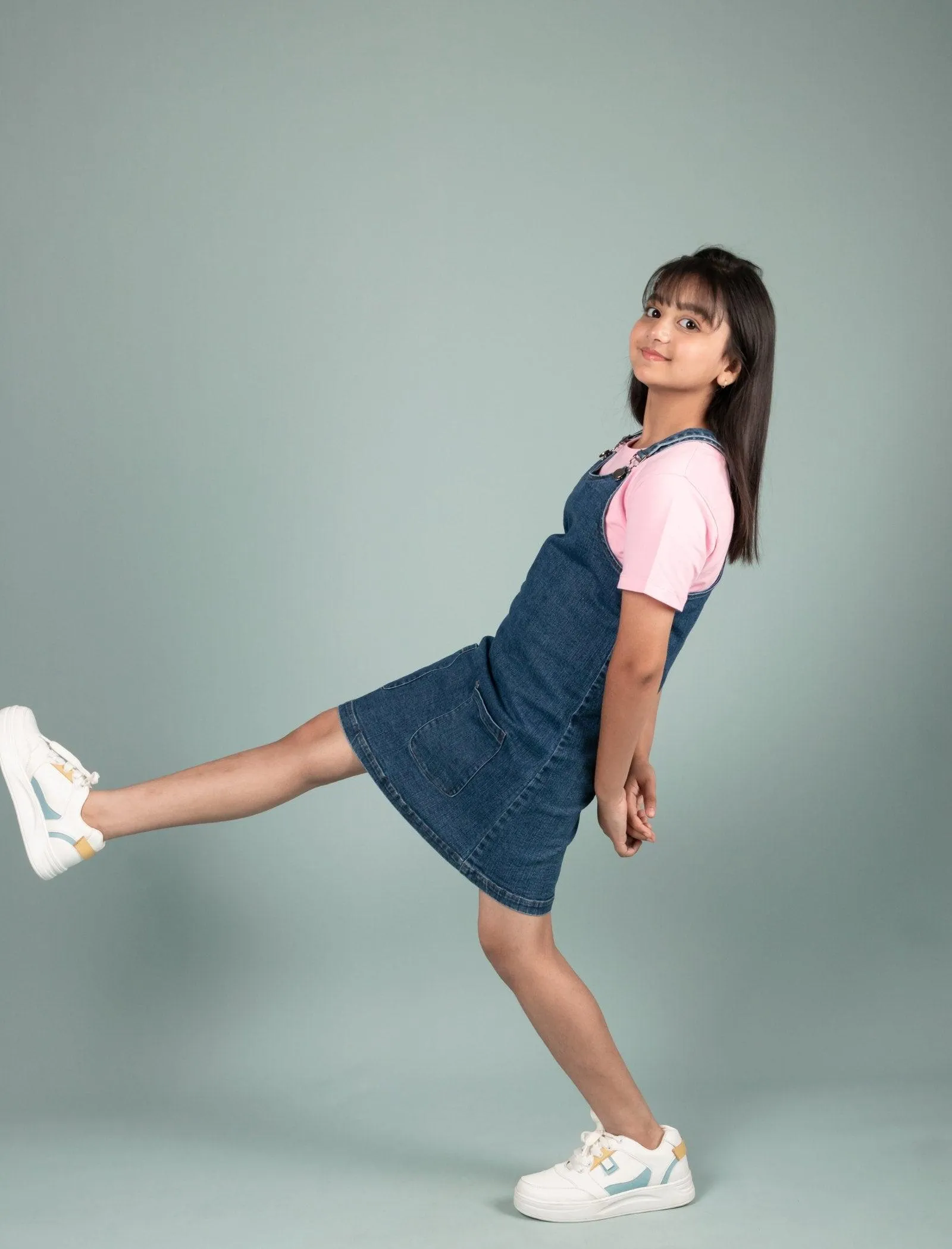 Classic Denim Pinafore Dress with T-shirt (Blue)