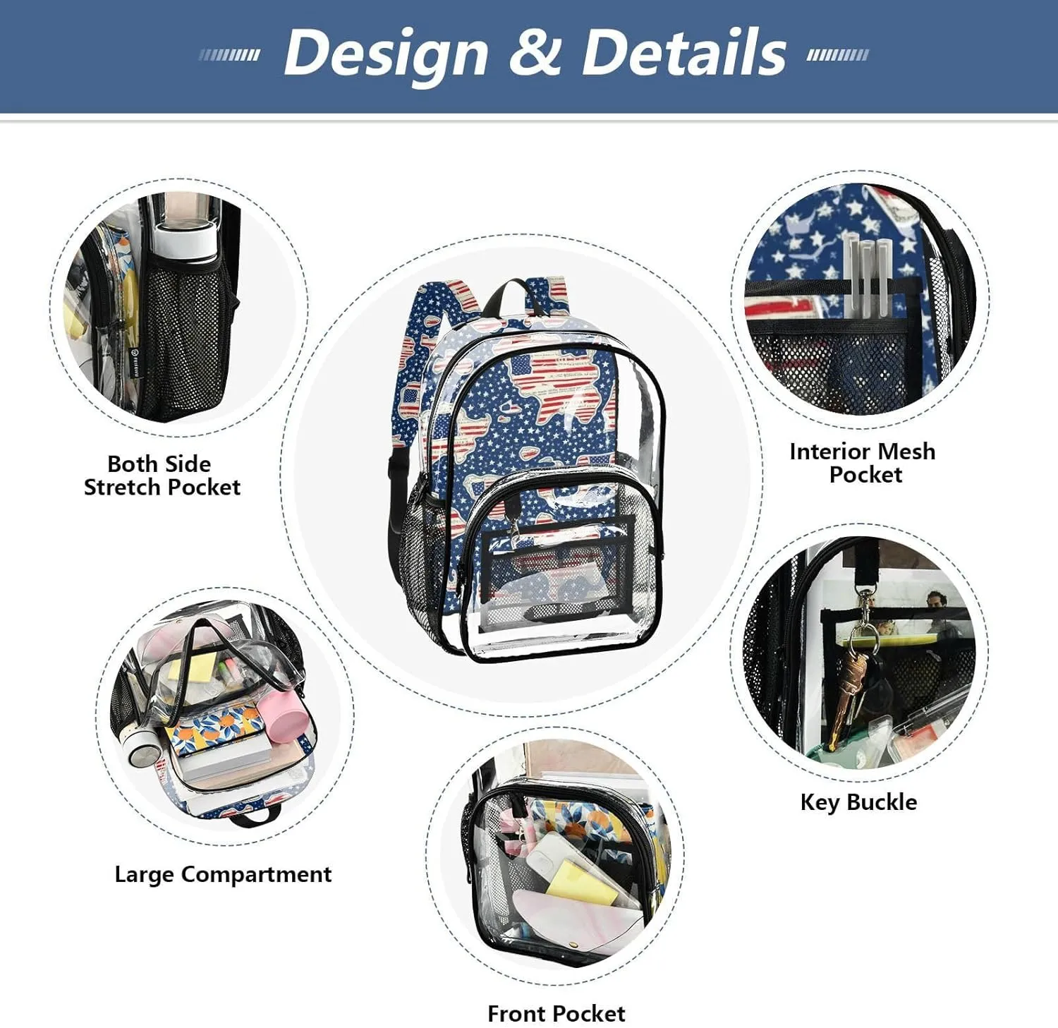 Clear Backpack for Stadium Events School Backpacks Girls Boys heavy duty PVC Waterproof Transparent Plastic Book Bag for Women Work 4th Of July Flag Stars Print