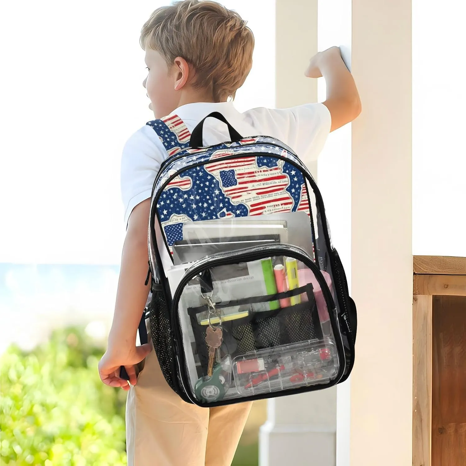 Clear Backpack for Stadium Events School Backpacks Girls Boys heavy duty PVC Waterproof Transparent Plastic Book Bag for Women Work 4th Of July Flag Stars Print