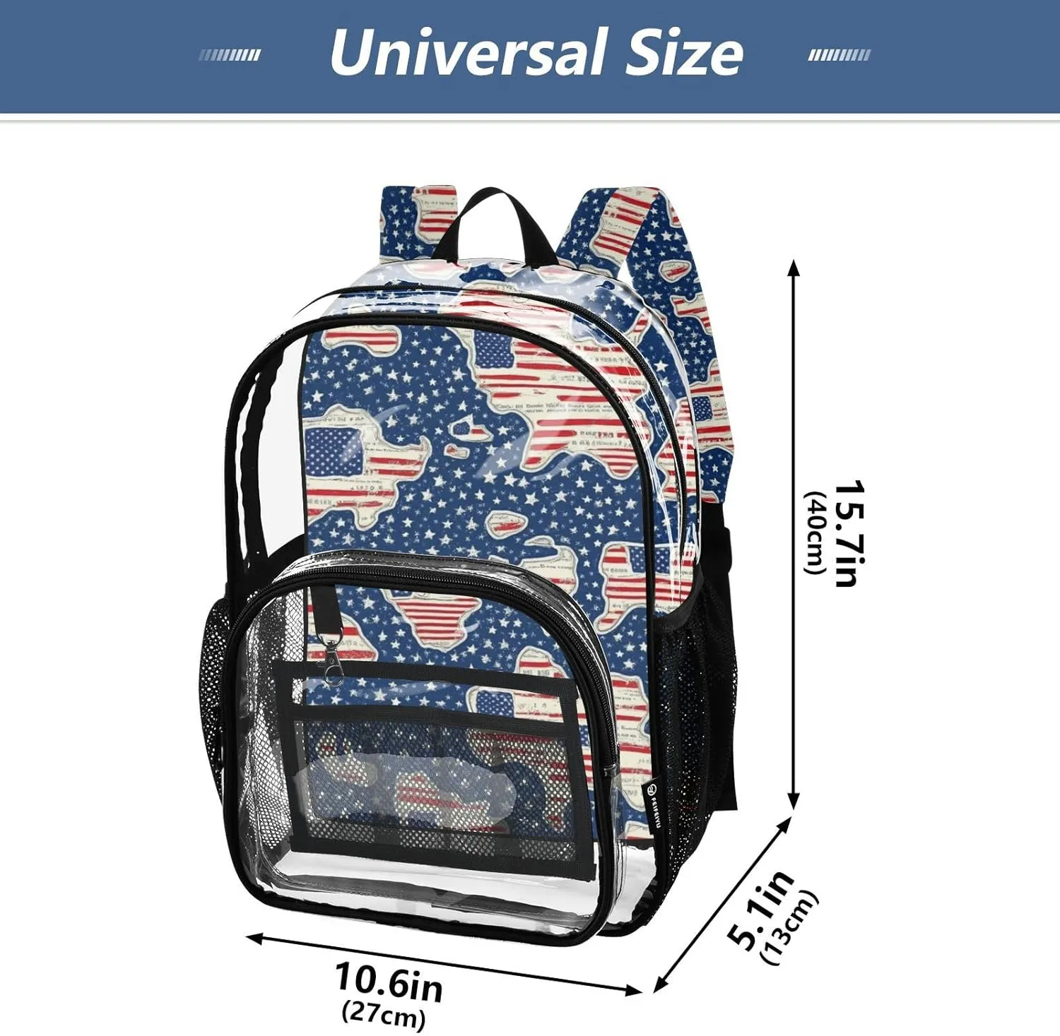 Clear Backpack for Stadium Events School Backpacks Girls Boys heavy duty PVC Waterproof Transparent Plastic Book Bag for Women Work 4th Of July Flag Stars Print