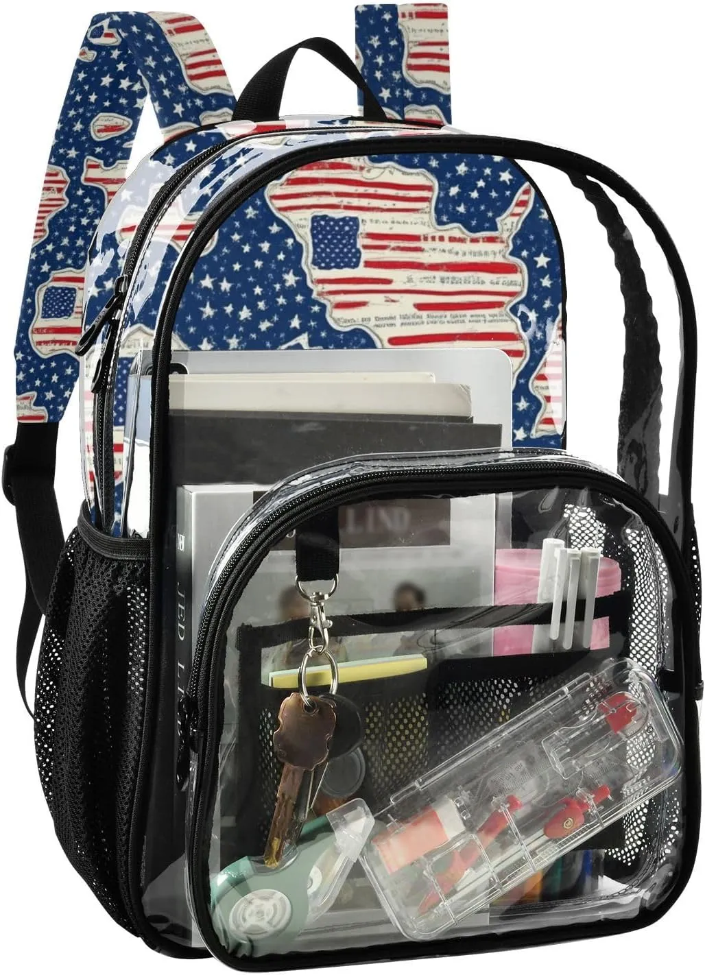 Clear Backpack for Stadium Events School Backpacks Girls Boys heavy duty PVC Waterproof Transparent Plastic Book Bag for Women Work 4th Of July Flag Stars Print
