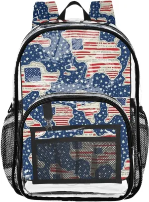 Clear Backpack for Stadium Events School Backpacks Girls Boys heavy duty PVC Waterproof Transparent Plastic Book Bag for Women Work 4th Of July Flag Stars Print