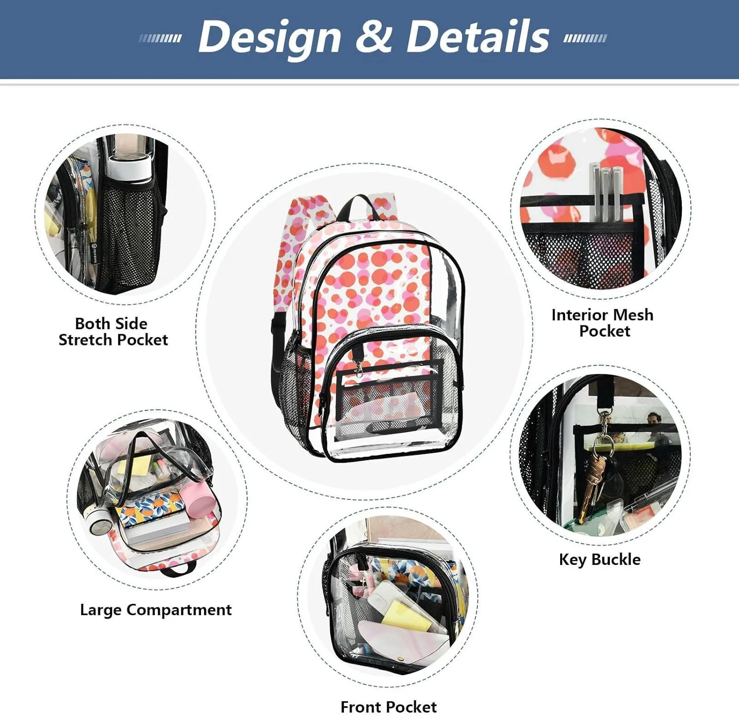 Clear Backpack for Stadium Events School Backpacks Girls Boys heavy duty PVC Waterproof Transparent Plastic Book Bag for Women Work Abstract Dotty