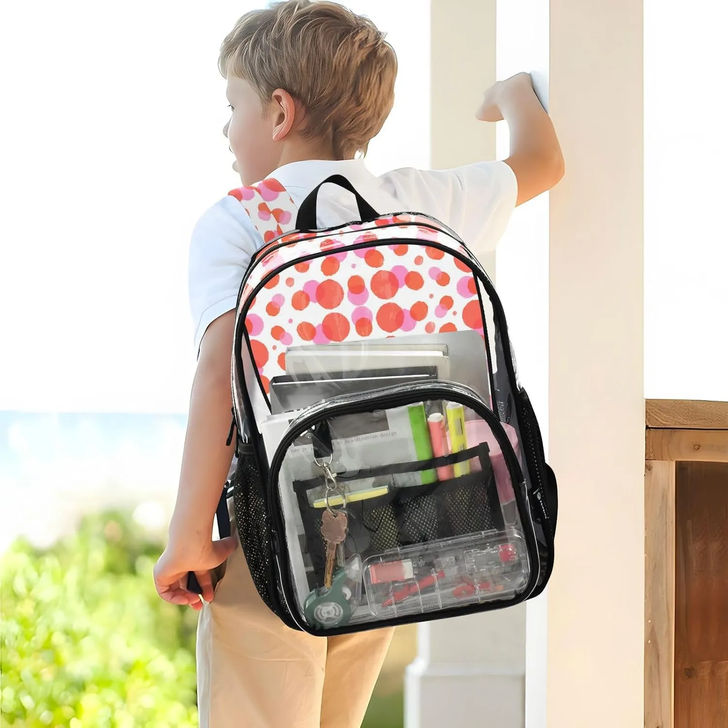Clear Backpack for Stadium Events School Backpacks Girls Boys heavy duty PVC Waterproof Transparent Plastic Book Bag for Women Work Abstract Dotty