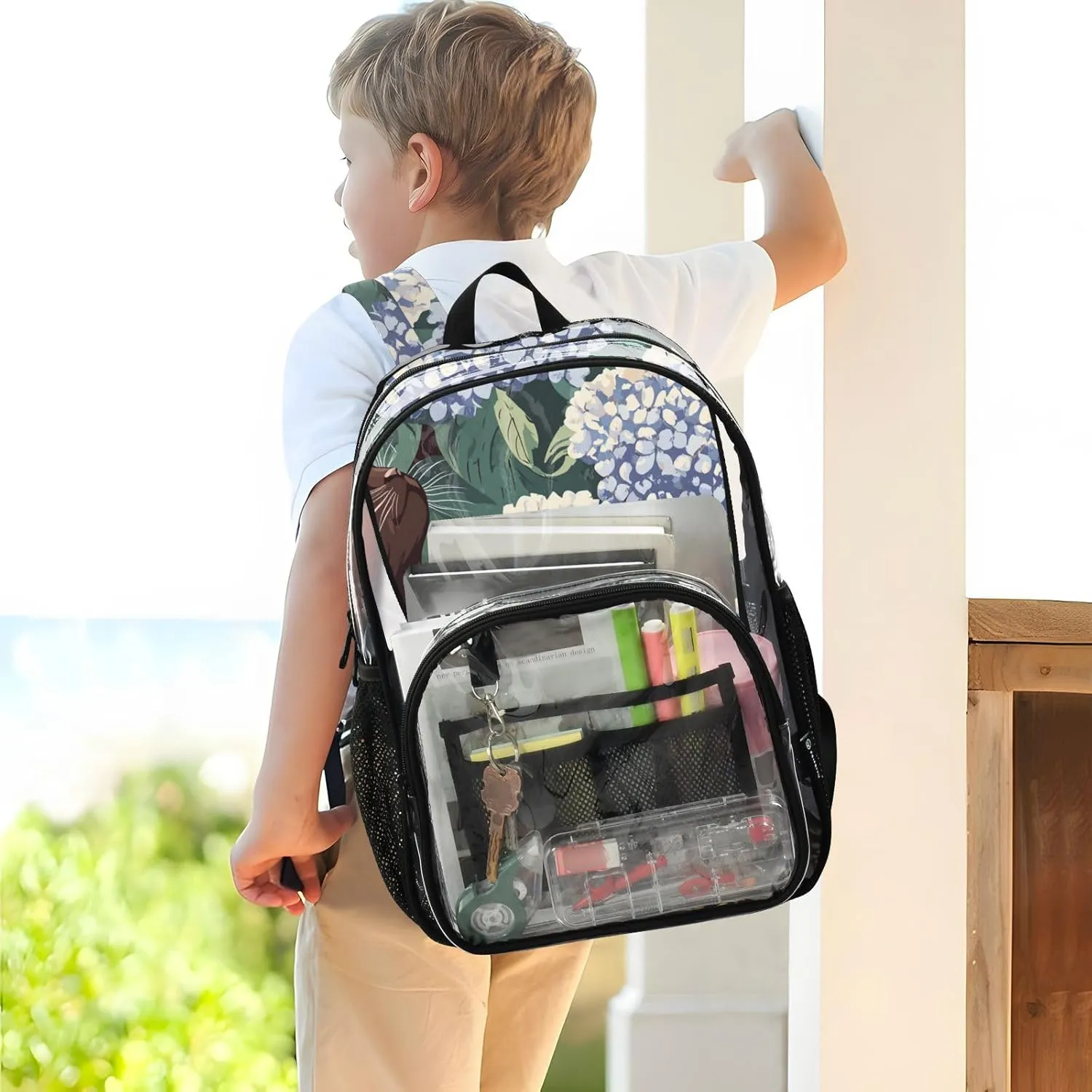 Clear Backpack for Stadium Events School Backpacks Girls Boys heavy duty PVC Waterproof Transparent Plastic Book Bag for Women Work Abyssinian Cat Blue Hydrangea