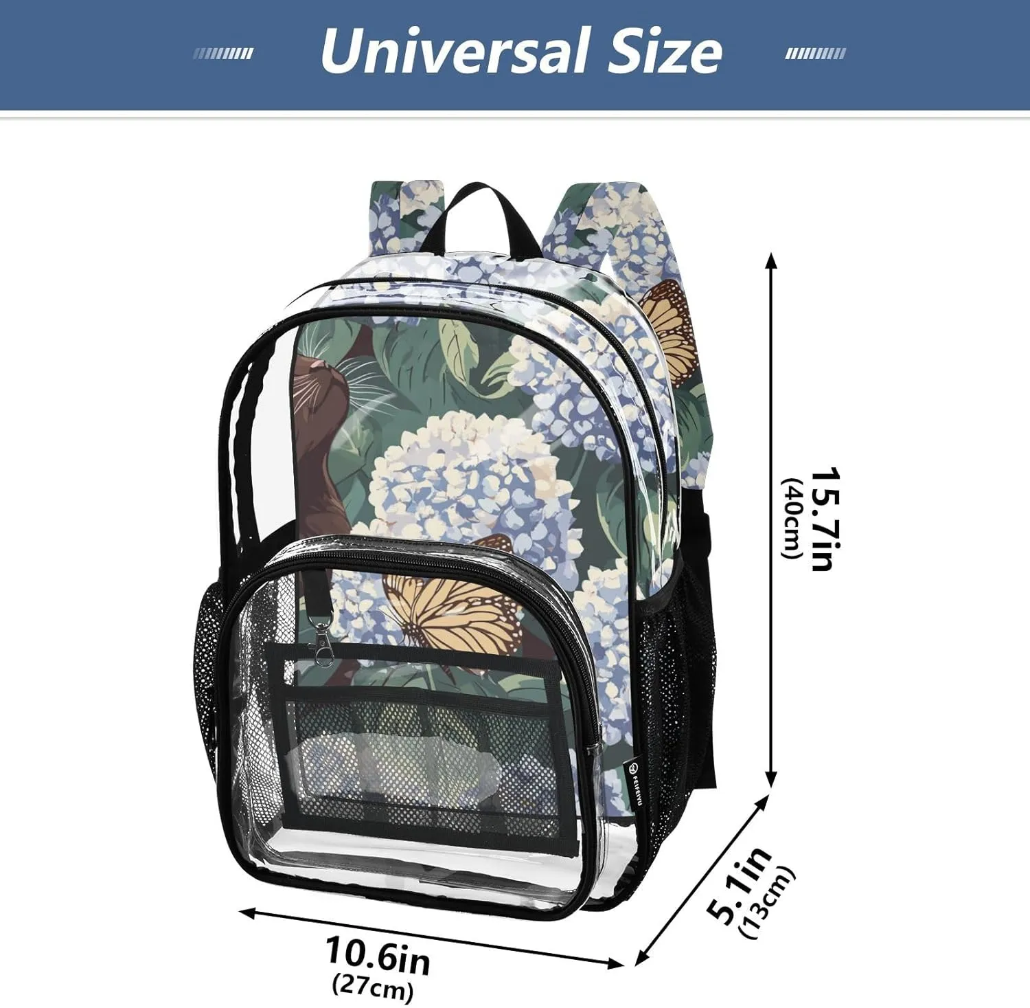 Clear Backpack for Stadium Events School Backpacks Girls Boys heavy duty PVC Waterproof Transparent Plastic Book Bag for Women Work Abyssinian Cat Blue Hydrangea
