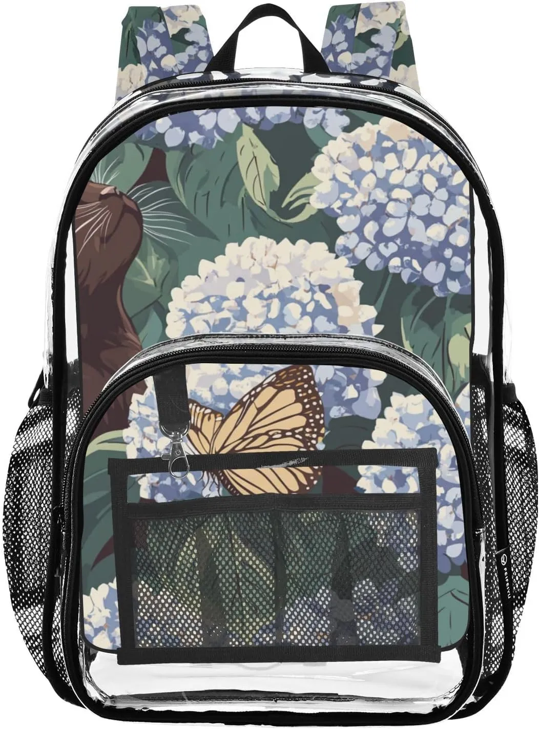Clear Backpack for Stadium Events School Backpacks Girls Boys heavy duty PVC Waterproof Transparent Plastic Book Bag for Women Work Abyssinian Cat Blue Hydrangea